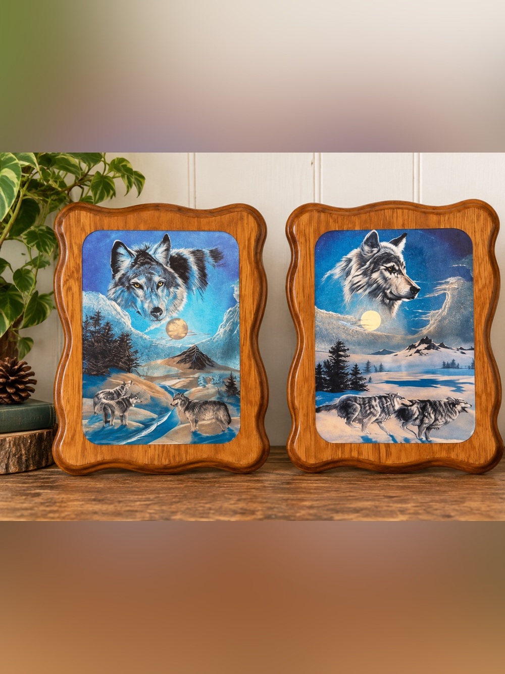 Set of 2 Vintage Wolf Wood Plaques made in Canada